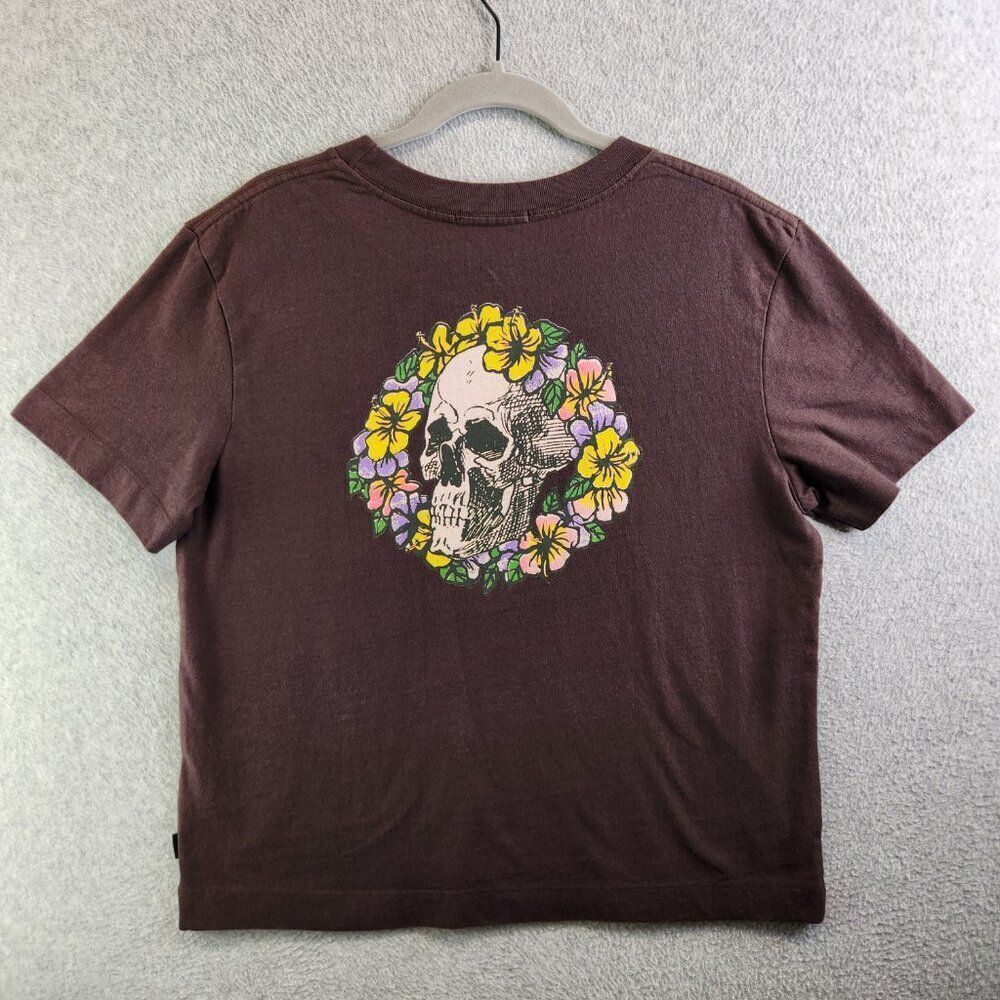 Quiksilver T Shirt Womens L Brown Skull Flowers Standard Crop Fit Tee Top - Picture 12 of 12